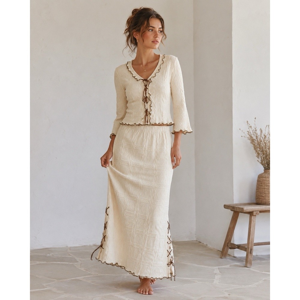 CHAVIN Womens M Cream Cotton Boho Lace Up Top Maxi Skirt Set Festival Western